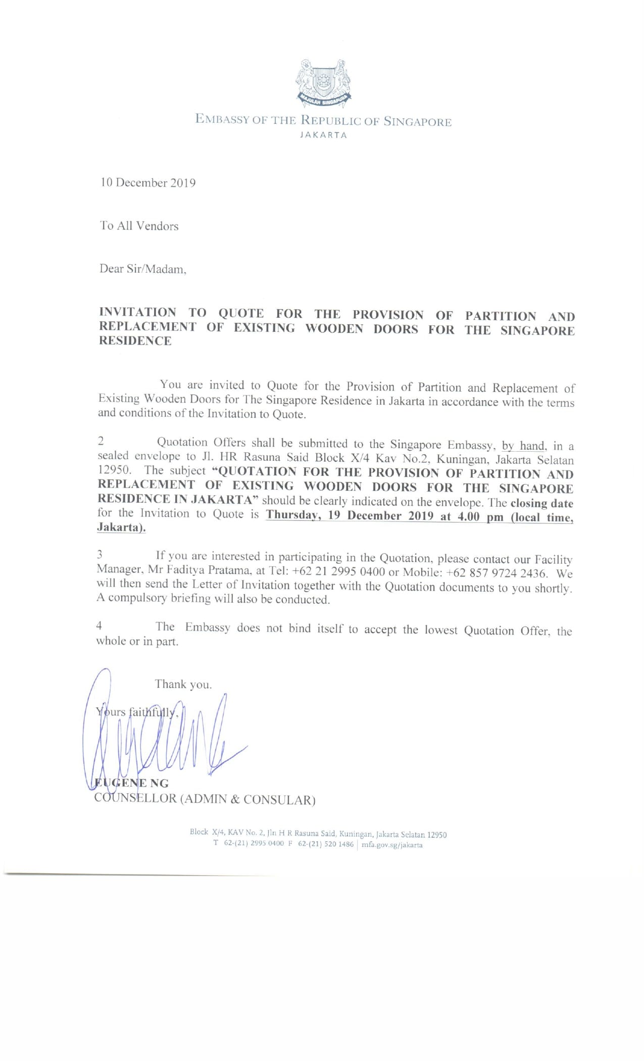 Letterhead from the Embassy of Singapore in Jakarta, invitation to quote.